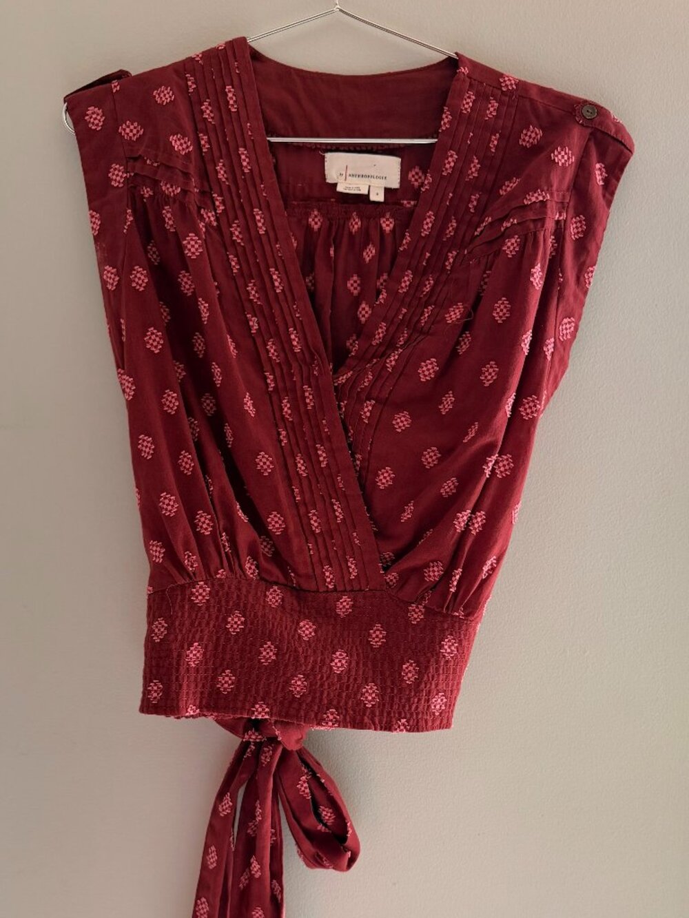 Anthropologie Burgundy Pink Patterned Sleeveless Blouse with Tie Detail